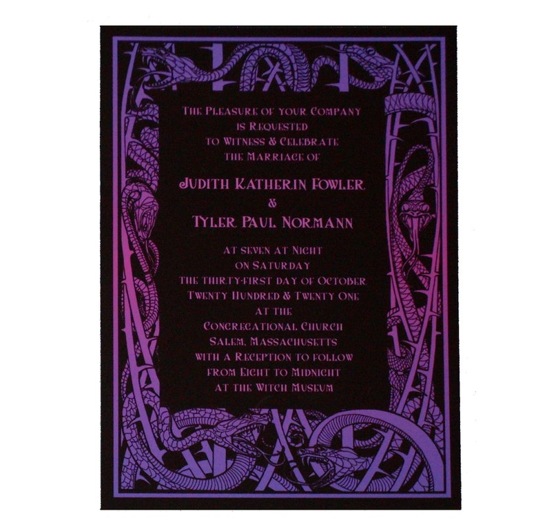 Purple & Black Gothic Snake Halloween Wedding Invitation image 3