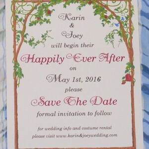 May include: Save the date card with a floral vine border and the text "Karin & Joey will begin their Happily Ever After on May 1st, 2016 please Save The Date formal invitation to follow for wedding info and costume rental please visit www.karin&joeywedding.com"