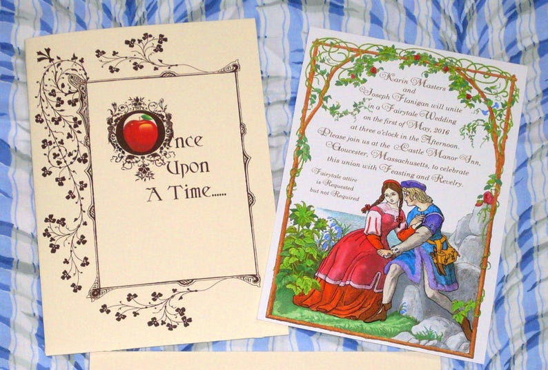 May include: A fairytale wedding invitation with a red apple and the text "Once Upon A Time..." on the front. The back of the invitation features a hand-drawn illustration of a couple in a forest setting with the text "Karis Masters and Joseph Flanigon will unite in a Fairytale Wedding on the first of May, 2016 at three o'clock in the Afternoon. Please join us at the Castle Manor Inn, Gloucester, Massachusetts, to celebrate this union with Feasting and Revelry."