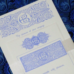Blue & White Art Nouveau Monogram Invitation Suite Sample