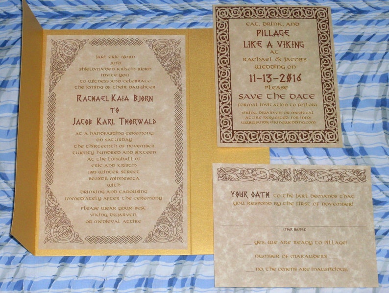 Viking, Celtic Knot, Valhalla Gates, Skyrim, Gold and Parchment Gatefold Invitation Suite image 2