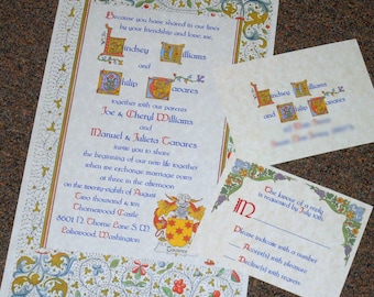 Medieval Scroll, Renaissance Scroll, Coat of Arms Wedding Invitation with Personalized Decorated Capitals Sample