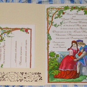 May include: A wedding invitation with a floral border and a hand-drawn illustration of a couple in a fairytale setting. The text reads "Karin Masters and Joseph Flanigan will unite in a Fairytale Wedding on the first of May, 2016 at three o'clock in the Afternoon. Please join us at the Castle Manor Inn, Gloucester, Massachusetts, to celebrate this union with Feasting and Revelry. Fairytale attire is Requested but not Required."