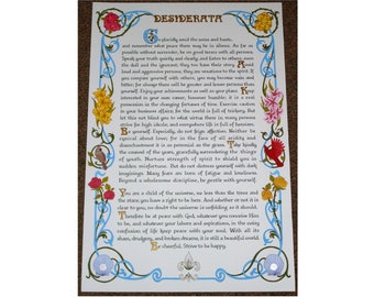 Art Nouveau Painting, Hand Painted and Hand Lettered Desiderata with Rose, Lily, Pearl, and Cardinal images