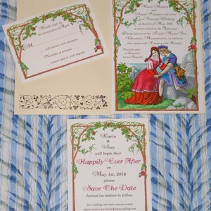 May include: Save the date card with a whimsical illustration of a couple in a fairytale setting. The card is decorated with vines and flowers. The text reads "Karin & Joey will begin their Happily Ever After on May 1st, 2016 please Save The Date formal invitation to follow for wedding info and costume rental please visit www.karin&joeywedding.com"