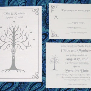 White Tree of Gondor Invitation, Aragorn, Arwen, LOTR, Hobbit, Elven Wood-Grain Pocketfold Wedding Invitation Suite Sample image 2