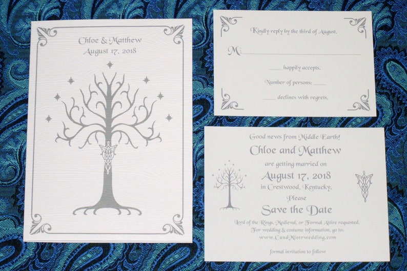 White Tree of Gondor Invitation, Aragorn, Arwen, LOTR, Hobbit, Elven Wood-Grain Pocketfold Wedding Invitation Suite Sample image 2