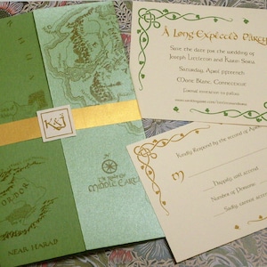 May include: A green and gold wedding invitation with a map of Middle-earth from The Lord of the Rings. The invitation reads "A Long Expected Party" and includes the date, location, and RSVP information.