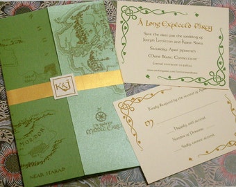 Lord of the Rings Middle Earth Map Hobbit Elven Green Wedding Invitation Sample