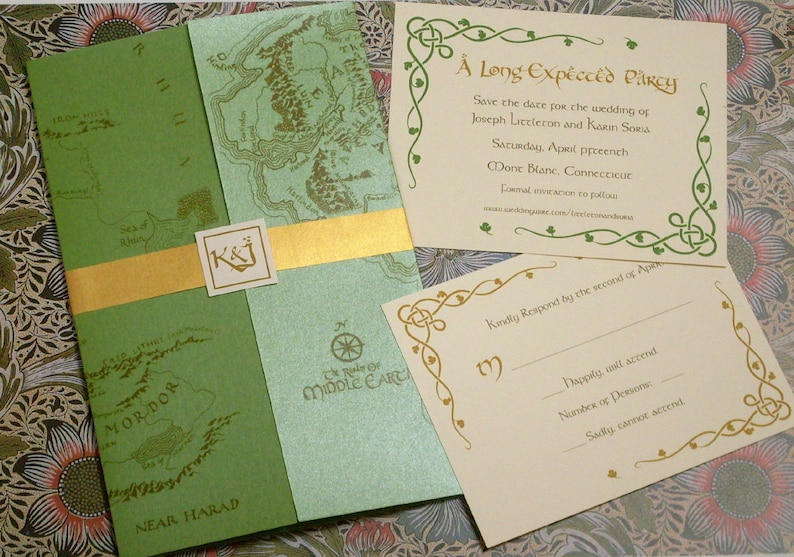 Lord of the Rings Middle Earth Map Hobbit Elven Green Wedding Invitation Sample image 1