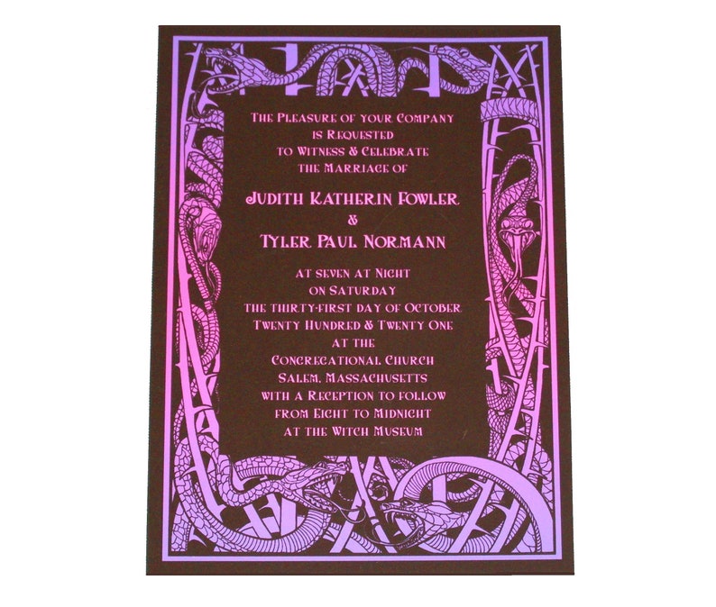 Purple & Black Gothic Snake Halloween Wedding Invitation image 1