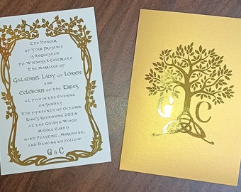 LOTR Gold Foil Mallorn Tree of Life Monogrammed Invitation Sample