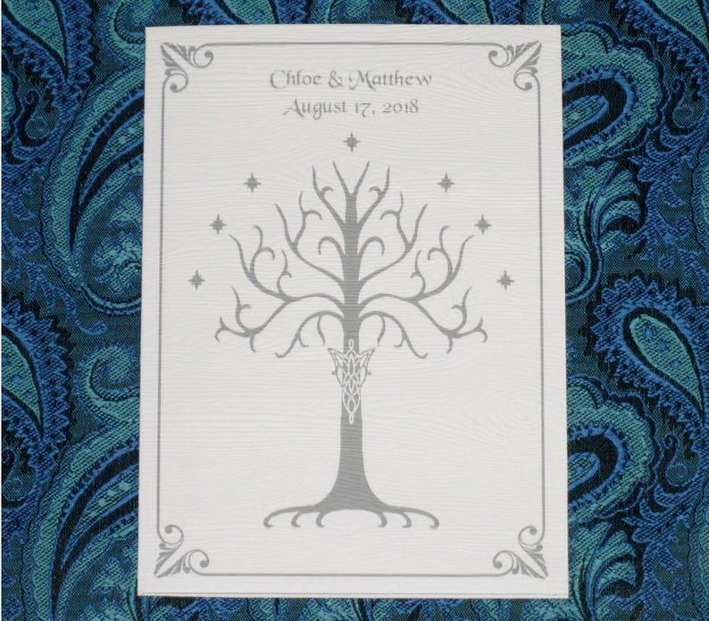 White Tree of Gondor Invitation, Aragorn, Arwen, LOTR, Hobbit, Elven Wood-Grain Pocketfold Wedding Invitation Suite Sample image 1