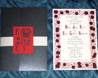 Black Rose Gothic Invitation, Red and Black Halloween Wedding, Laser Cut, Art Nouveau Save the Date SAMPLE