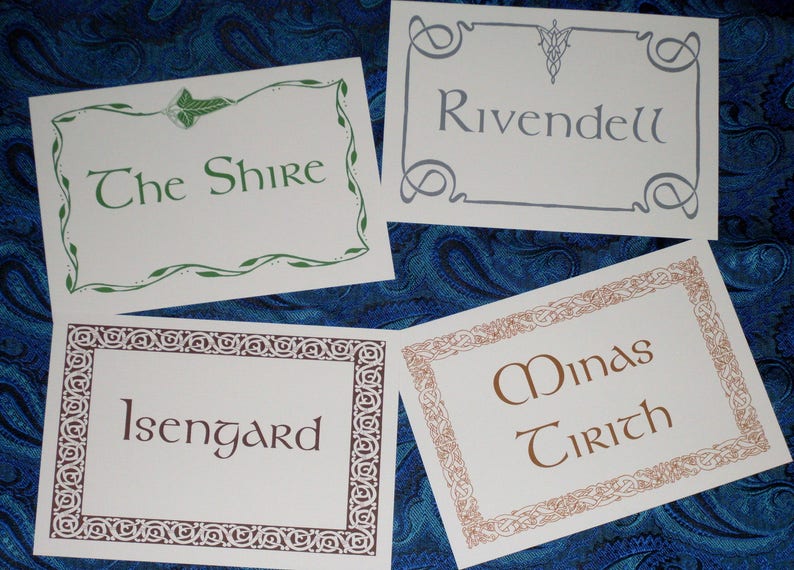 10 LOTR, Hobbit, Middle Earth, Dwarf, Elven Wedding Table Name Cards image 1