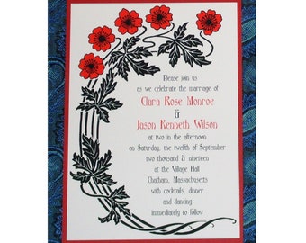Red Poppy Wedding Invitation, Art Nouveau, Art Deco, Red, White, and Black Invitation