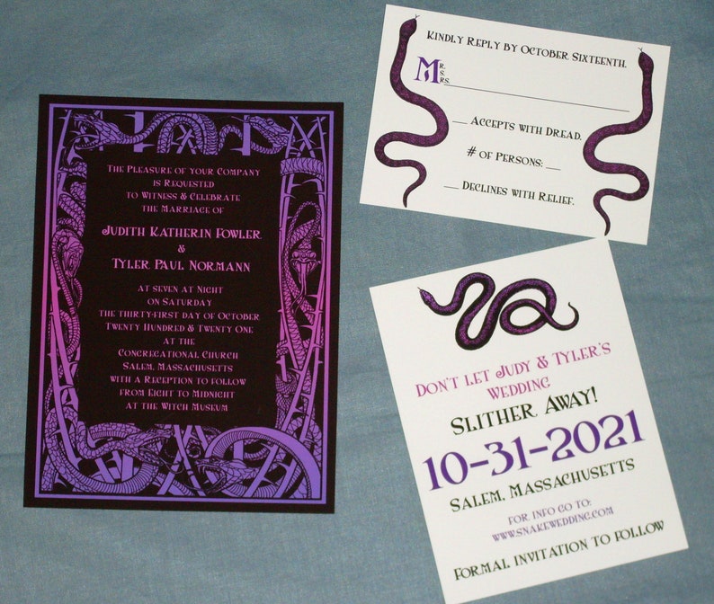 Purple & Black Gothic Snake Halloween Wedding Invitation image 2