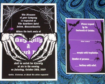 Skeleton Gothic Halloween Spider Bats Black and Purple Wedding Invitation and Save the Date Sample