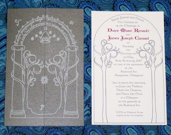 Moria Invitation, Doors of Durin, Lord of the Rings, Khazad-dûm, Silver Gatefold Wedding Invitation and Save the Date Suite