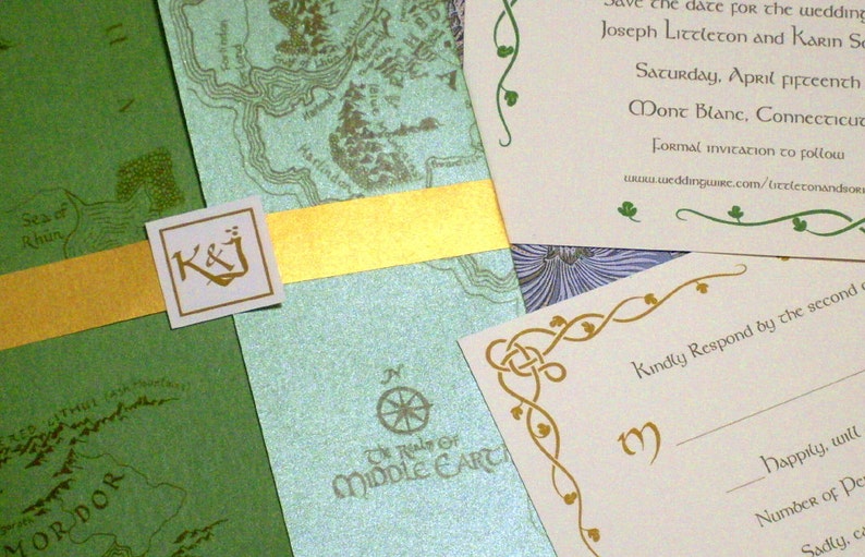 Lord of the Rings Middle Earth Map Hobbit Elven Green Wedding Invitation Sample image 3