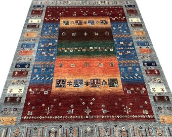 8'3" x 10'7" Khorjin Gabbeh Sofrah Hand-knotted 100% Wool Tribal Geometric Colorful Area Rug