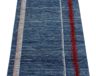 2'7" x 9'4" Plaid Gabbeh Pakistani 100% Wool Hall Runner Minimalist Decor Blue Hand-knotted