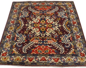 4'9" x 5'5" Kazak Revival 100% Wool Hand-knotted Tribal Geometric Pakistani Area Rug