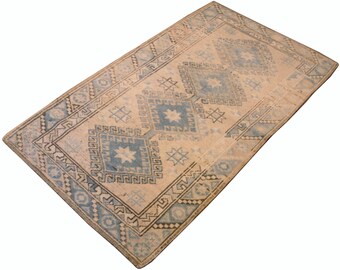 2.5x4.3 Vintage Turkish Oushak 100% wool hand-knotted geometric area rug 1960s