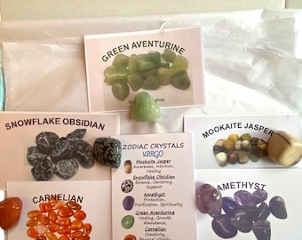 Virgo Crystal Box Set (Personalisable). Personalised Crystal box set. Virgo Crystal Set. Virgo Crystal set with info Cards.