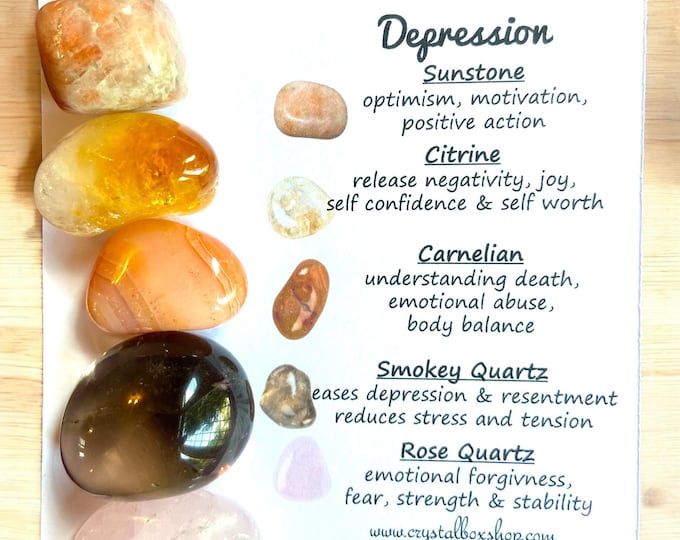 Featured listing image: Depression Crystal Box Set (Personalisable). Personalised Crystal box set. Depression Crystal Set. Depression Crystal set with info Cards.
