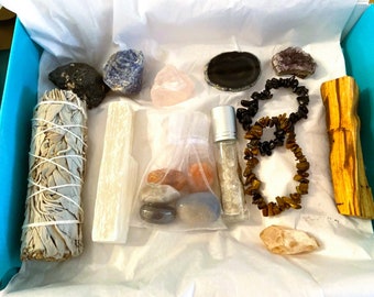 Wellbeing gift box, with a selection of Zodiac Crystals, Choice of Aromatherapy Rollon by Qualified Aromatherapist, Palio Santo, Sage & more