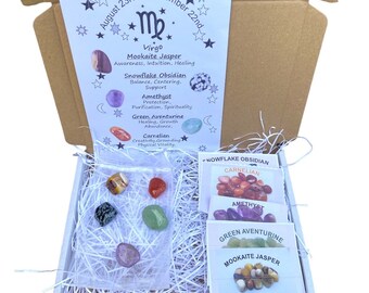 Virgo Crystals and Wall Art.  Virgo Crystal Box with Wall Art and Bracelet.  Virgo A5 Wall Art with Crystals can be personalised.