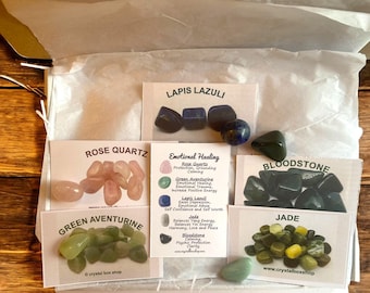 Emotional Healing Crystal Box Set. Personalised Crystal box set. Emotional healing Crystal Set. Gift Boxed Crystal set with Info Cards.