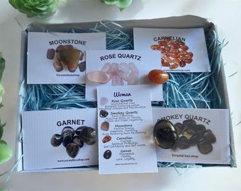 WOMAN Crystal Box Set (Personalisable). Personalised Crystal box set. Woman Crystal Set. Woman Crystal set with info Cards.
