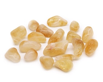 Citrine Grade A Tumblestone 20-30mm with an information card in an organza bag
