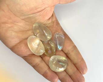 Angel Aura Grade A Tumblestone in an organza bag 20-30mm, Angel Aura Crystal Grade A20-30mm. Angel Aura Crystal/Tumblestone 20-30mm