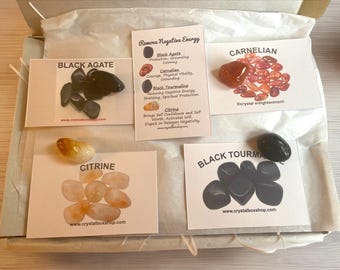 Remove Negative Energy Crystal Box Set (Personalisable). Personalised Crystal box set. Remove Negative Energy Crystal set with info Cards.