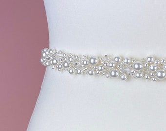 Bridal Belt With Clasp Or Sash, Pearl And Crystal Wedding Dress Belt, Pearl Belt - EVA