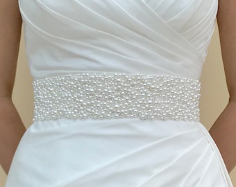 Bridal Pearl And Crystal Belt, Wide Bridal Belt, Wide Beaded Sash, Pearl Belt Clasp, Pearl Belt Clasp, Made To Measure, Made in UK - CARMEN