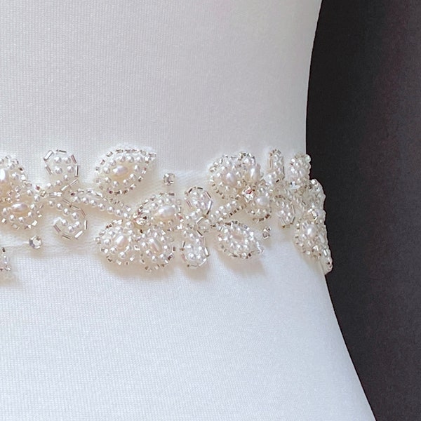 Floral Bridal Belt, Floral Bridal Sash, Pearl Bridal Belt, Sparkly Bridal Belt, Clasp Belt, Made To Measure - FLORA