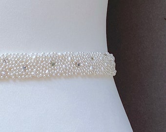 Narrow Pearl Belt With Freshwater Pearls and Sparkle, Bridal Belt, Bridal Sash - MOLLY