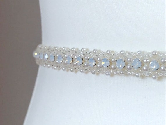 White Opal Bridal Belt: Pearl & Diamante Wedding Dress Sash 