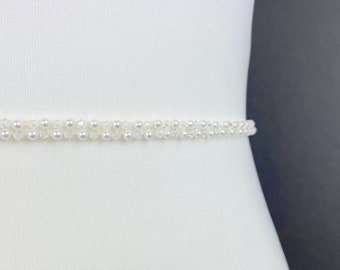 Crystal And Pearl Belt, Clasped Bridal Belt or Sash, Skinny Bridal Belt - Made To Measure - SIENNA