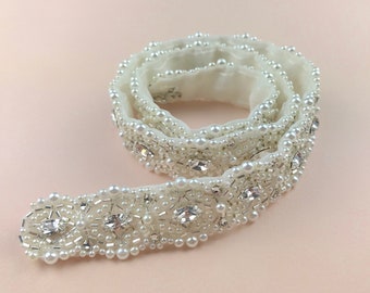 Pearl Bridal Belt, Wedding Sash, Wedding Dress Belt, Pearl Sash, Pearl Wedding Belt, Full Length Belt, 1 inch (2.5cm) wide - CATHERINE