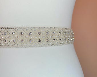 Freshwater Pearl And Diamante Bridal Belt: Silver Crystal Wedding Sash (3.5cm wide) "Freshwater Amelie"