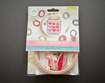 Jar Of Hearts Cross Stitch Kit | DIY Embroidery Set with Threads & Fabric | Beginner Stitching Kit Gift
