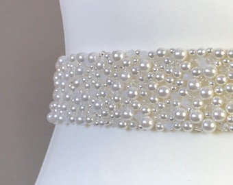 Pearl Bridal Belt, White Opal Belt, Wedding Belt Clasp, Opal Bridal Sash, Pearl Wedding Sash, Full Length Belt - Made To Measure - NATASHA