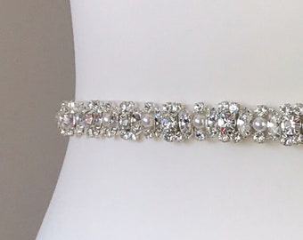 Diamanté Bridal Belt, Pearl Bridal Belt, Narrow Bridal Sash, Narrow Bridal Belt, Thin Wedding Belt, Clasped Belt, Bridal Headband - CAITLEN