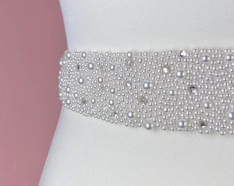 Pearl And Diamante Belt, Wide Pearl Sash, Pearl Wedding Belt, Pearl Bridal Belt, Clasp Wedding Belt - Made in UK - ETTA