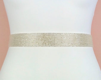 Silver Bugle Bead Belt, Silver Bead Sash, Silver Bridal Belt, Silver Wedding Belt,  1.25" (32mm) wide- SILVER ASTRID